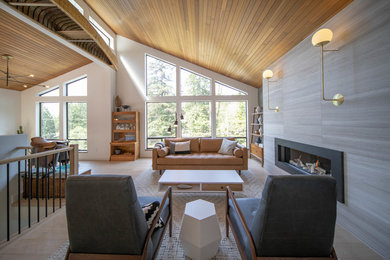 Example of a large trendy formal and open concept light wood floor and beige floor living room design in Vancouver with white walls, a ribbon fireplace, a tile fireplace and no tv