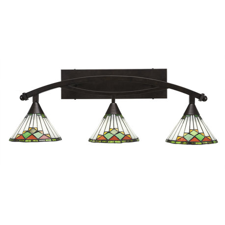 Bow 3-Light Bath Bar, 7" Green Sunray Art Glass, Bronze
