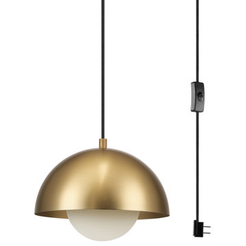 Amelia 1-Light Matte Brass Plug-In Pendant Lighting with Frosted Glass Shade