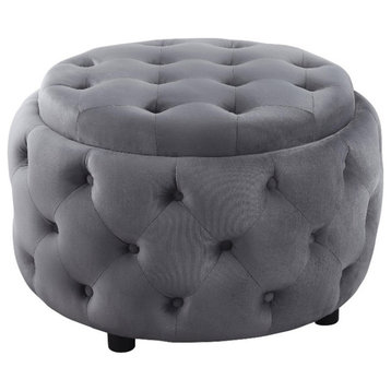 Coaster Angelina Upholstered Round Velvet Storage Ottoman in Steel Gray