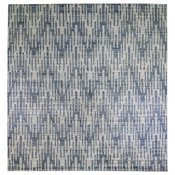 Blue  Silk and Textured Wool Square Zigzag with Graph Design Rug, 12'0" x 12'0"