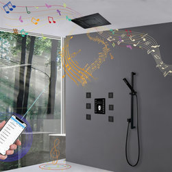 LED 23*31" Matte Black Remote Controlled Musical Shower System and 6 Body Jets - Showerheads And Body Sprays