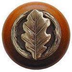 Notting Hill Decorative Hardware - Oak Leaf Wood Knob in Antique Brass/Cherry wood finish - Projection: 1-1/8"