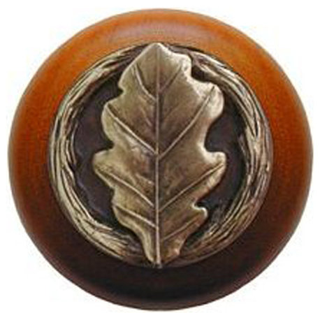 Oak Leaf Wood Knob in Antique Brass/Cherry wood finish