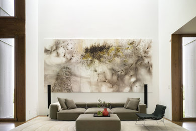 Living room - mid-sized contemporary formal and open concept medium tone wood floor living room idea in New York