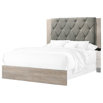 Wooden Queen Bed With Button Tufted Upholstered Headboard, Gray And Cream