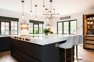 Photo of a large contemporary kitchen/diner in London with an island.