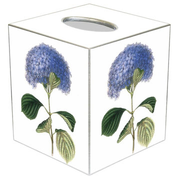 Blue Hydrangea Wood Wastepaper Basket, Scalloped Top & Tissue Box Cover
