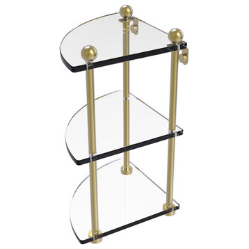 Three-Tier Corner Glass Shelf, Satin Brass