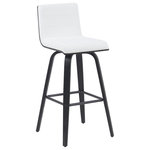Armen Living - Vienna Swivel Bar Height Stool With Snow White Faux Leather and Black - Elevate your kitchen, bar, or dining area with the Vienna Swivel Stool Collection ' a modern essential that combines mid-century charm with functional comfort. Designed for daily use and entertaining alike, Vienna's 360-degree swivel and armless frame provide effortless movement and easy conversation flow. The gently curved backrest supports posture alignment while keeping the profile sleek and space-saving. The Vienna stool is built on a strong wood frame with four splayed legs and a square steel footrest for added durability and a clean, modern edge. The seat and backrest are generously padded with high-density foam and finished in your choice of smooth vegan leather or performance fabric for elevated comfort and easy maintenance. Originally offered in a walnut finish with cream, brown, or gray vegan leather, and a black brushed finish with gray vegan leather, the collection now features even more design-forward combinations. Explore updated variants including snow white vegan leather with walnut, black brushed, or patterned oak finishes; vintage-inspired blue, green, and black tones paired with walnut finish frames; and bold red or soft gray performance fabrics on brushed or patterned wood finishes. Available in both counter height and bar height, Vienna offers a versatile range of styles to suit your space. With its timeless look and enduring quality, this collection brings warmth, elegance, and comfort to any interior.