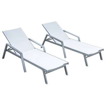 LeisureMod Marlin Patio Chaise Lounge Chair Gray Arms Set of 2, White
