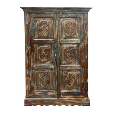 Consigned Rustic Carved Cabinet Blue Hues Armoire Reclaimed Wood Storage