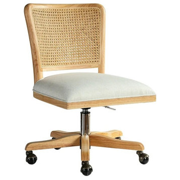 Unique Armless Office Chair, Swiveling Cushioned Seat & Rattan Backrest, Linen