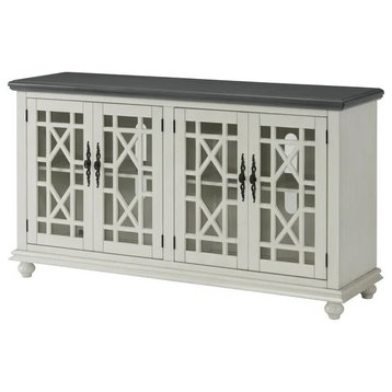 Classic TV Stand/Sideboard, Glass Panel Doors With Trellis Pattern, White/Gray