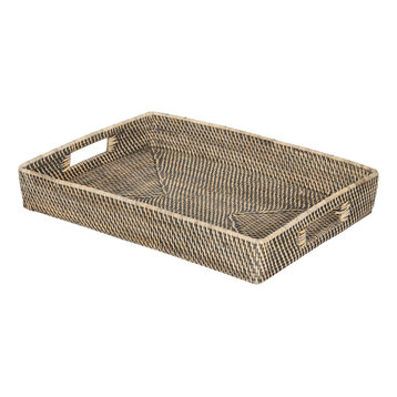 Loma Rattan Serving Tray With Cut-Out Handles, Black-Wash