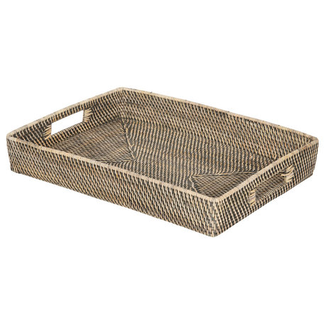 Loma Rattan Serving Tray With Cut-Out Handles, Black-Wash