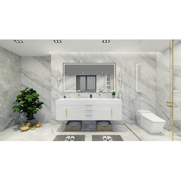 Madison 72" Wall Mounted Double Sink Vanity with Reinforced Acrylic Sink, High Gloss White