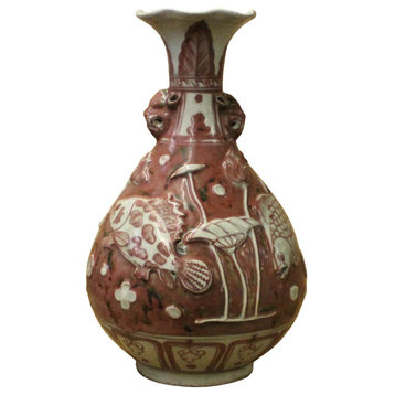 Handmade Ceramic Red White Dimensional Fishes Pattern Vase Jar Hcs5115