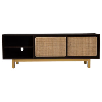 Low Profile TV Console, Golden Base and 2 Sliding Doors With Rattan Front, Black