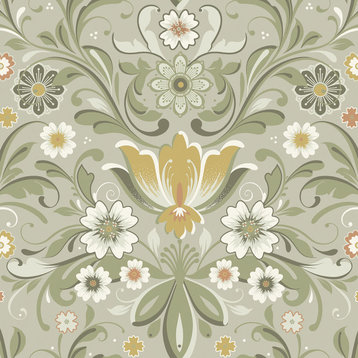 Ostanskar Green Retro Floral Wallpaper, Swatch