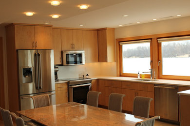 Eat-in kitchen - modern eat-in kitchen idea in Other with flat-panel cabinets and light wood cabinets