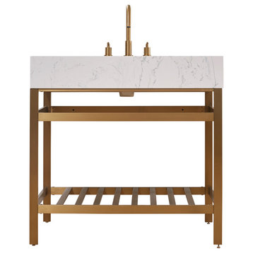 Merano Stainless Steel Vanity Console With Aosta White Stone Countertop, Brushed Gold, 36", No Mirror