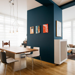 ベルリンの広いコンテンポラリースタイルのLDKの画像 (青い壁、無垢フローリング、暖炉なし、茶色い床)