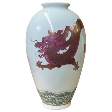 Oriental White Porcelain Burgundy Red Golden Dragon Graphic Vase Hws1319