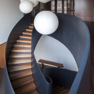 This is an example of an expansive modern wood spiral staircase in San Francisco with concrete risers.