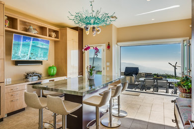 Minimalist galley eat-in kitchen photo in Los Angeles with flat-panel cabinets, stainless steel appliances and two islands