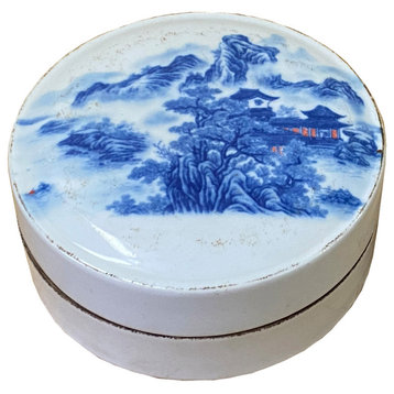 Chinese Blue White Porcelain Scenery Graphic Round Box Display Hws2019