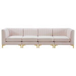 Meridian Furniture - Alina Velvet Upholstered 4-Piece Modular Sectional, Pink - Bring modern beauty to your space with the addition of this Alina Velvet Modular Sofa. This beautiful sofa features deep channel tufting to ramp up its visual interest and add to its resilient demeanor. Its soft Pink velvet upholstery blends nicely with existing elements in your room and is sleek to the touch, making this seat a super comfortable one. Part of the modular Alina collection, this sofa has a latch that attaches it to other pieces to create your custom seating arrangement.