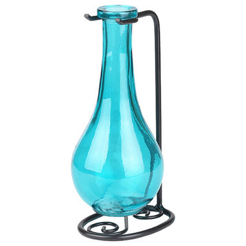 Drop Recycled Glass Vase and Metal Stand, Aqua Blue