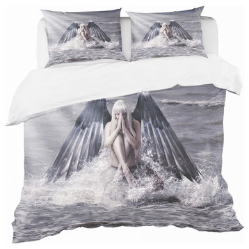 Woman With Dark Angel Wings Beach Duvet Cover Set, Twin