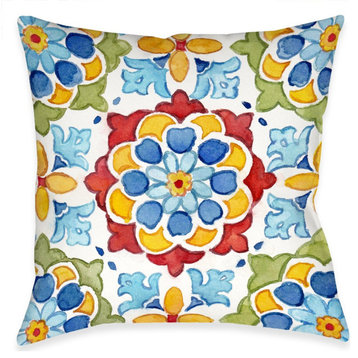 Mediterranean Medallion Blossom Outdoor Pillow, 18"x18"