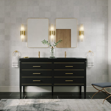 Celios Bathroom Vanity, Black With Brass Trim, 60", Double Sink, Freestanding