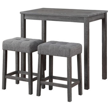 Lux 3-Piece Counter Height 36" Pub Table Set, Tufted Stools, Gray