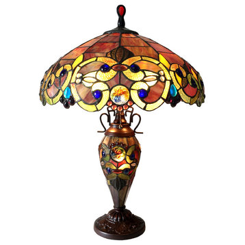 DEMETRA AURORA Tiffany-style 3 Light Victorian Double Lit Table Lamp 18" Shade