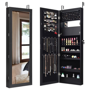 Costway MDF Board Wall/Door Mounted LED Lights Mirrored Jewelry Cabinet in Black