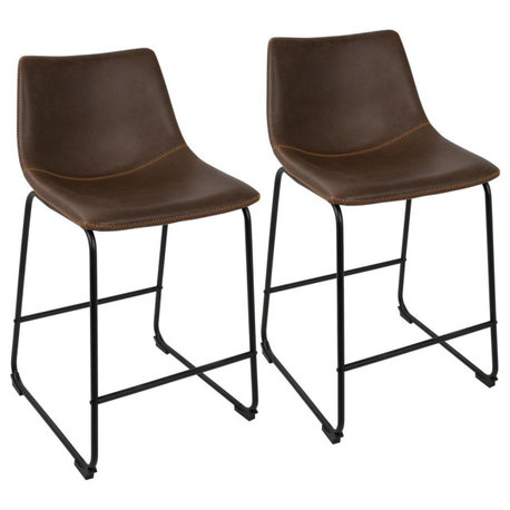 Industrial 26" Counter Stools, Black and Espresso With Orange Stitch, Set of 2