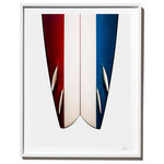 Timothy Hogan Studio - "Hobie Quad" Surf Art Photograph, White Frame, 14''x18'' - Red, White and Blue Hobie Fish Surfboard, Fine Art Print by Timothy Hogan. Photographed at the Surfing Heritage and Cultural Center in San Clemente, California. This quad-finned surfboard print is a dramatic and bold, even patriotic statement on your wall.