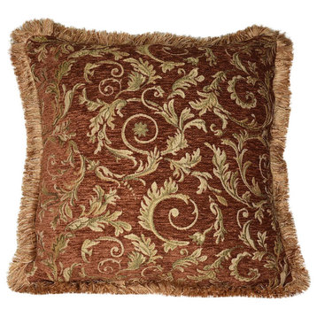 Large Floral Fringe Pillow, Handmade, Copper, Coral, and Gold, 21"x21"