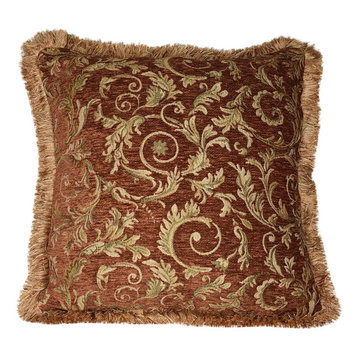Large Floral Fringe Pillow, Handmade, Copper, Coral, and Gold, 24"x24"