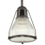 Hudson Valley Lighting - Haverhill Pendant, Old Bronze, 16" - Embossed with sleek vertical ribbing, Haverhill's clear glass refracts brilliant light across its prismatic shade. The collection's vintage marine details bring the lively spirit of the open sea to inland and coastal estates alike. Slender spider arms secure Haverhill's metal-rimmed diffuser plate, while details such as the knurled thumbscrews display our commitment to authenticity.