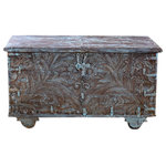 Mogul Interior - Consigned Vintage Indian Trunk Chest Coffee table Turquoise Rustic Buffet - Vintage Hand Crafted Indian Pitara Trunk Chest, Coffee table, Distressed Blue, Floral Carved Blanket Box, Coffee Table on Wheels, This beautiful Antique Blanket Chest brings the charm of the old world Indian eclecticism into your home. Handcrafted by artisans from reclaimed teak wood with striking details, including striking floral carving, iron clasp , and wheels creating a unique piece for any room. Use as a coffee table or for a stylish storage option. Crafted with meticulous attention to detail, this trunk chest is not merely a storage solution but a statement of vintage charm. The intricate blue floral carvings elevate its visual appeal, making it a true work of art. The robust design and sturdy construction make it an ideal choice as a blanket box, providing both style and practicality. The Pitara Chest is a practical and stylish addition to any modern home. The lid lifts to reveal a spacious interior, perfect for storing blankets, pillows, and other items. When closed, the chest serves as a compact coffee table with a size perfect for any living room. Make the most of your space with this multifunctional storage solution.