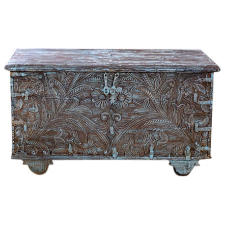 Consigned Vintage Crafted Indian Trunk Chest, Coffee table, Rustic Turquoise