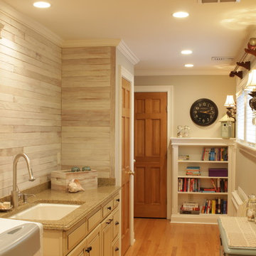 Laundry Room with reclaimed wood accent wall