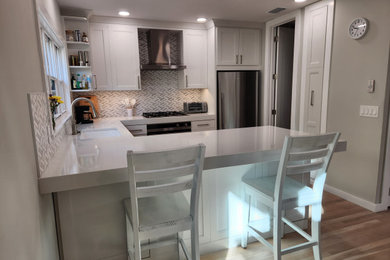 Mid-sized transitional u-shaped medium tone wood floor and beige floor eat-in kitchen photo in Tampa with an undermount sink, shaker cabinets, white cabinets, quartz countertops, gray backsplash, marble backsplash, stainless steel appliances, a peninsula and white countertops