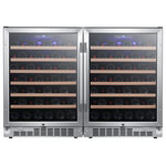 EdgeStar - EdgeStar CWR532SZDUAL 48"W 106 Bottle Built-In Side-by-Side Wine - Stainless - NOTE: This product is comprised of (2) refrigerators, requiring (2) separate plugs. The two separate units generally arrive at the same time, but may arrive separately. The installation depicted in the product&#39;s imagery requires the reversal of (1) doors hinging. Features: Built-In Or Freestanding Capable: Fan-forced front ventilation allows this unit to be installed flush with surrounding cabinetry in an undercounter installation or optionally installed as free standing Elegant Design: The elegant look of stainless steel trim, soft glow of LED lighting and slide-out wood-trimmed wire wine racks create a contemporary yet classical look that is sure to look great amongst any décor Carbon Filters: The built-in carbon filter protects your wine by acting as a natural barrier against unpleasant odors Tinted Glass: Keep an eye on your collection while protecting it from harmful ultraviolet radiation Even Cooling: Fan-forced internal circulation prevents uneven temperature distribution as is often produced by plate-cooled units, ensuring all of your wine reaches your desired temperature and does so quickly Temperature Range: This unit can cool within a range from 40 to 65°F making it ideal for both red and white wine Digital Controls: Touch controls and a digital display make choosing the appropriate setting a breeze Safety Locks: Integrated safety locks prevents tampering with your regulator and thermostat Door Reversal: Both units are shipped right-handed but you can create a French Door design by reversing one of the doors using the included installation instructions Manufacturer Warranty: 1 Year Labor, 1 Year Parts Specifications: Accepts Custom Panels: No Bottle Capacity: 106 Bulb Type: LED Depth: 22-1/2" Door Alarm: Yes Door Lock: Yes Filter Type: Carbon Filters Height: 33-1/2" Installation Type: Built-In or Free Standing Leveling Legs: Yes Number Of Shelves: 12 Reversible Door: Yes Shelf Material: Wire, Wood Width: 48" With Casters: No