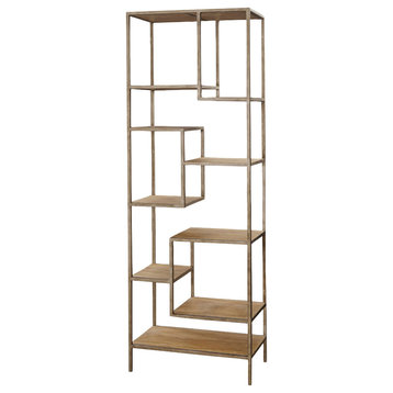 French Modern Industrial Wood and Metal Bookcase Etagere